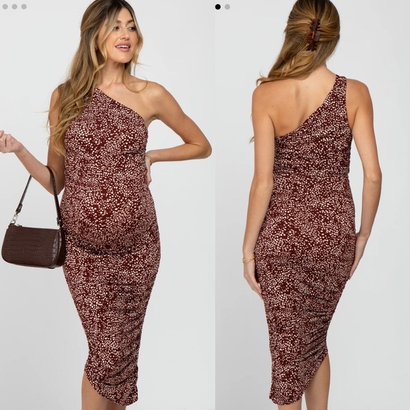 Pinkblush Brown Animal Print Asymmetrical One Shoulder Maternity Midi Dress - Picture 13 of 13